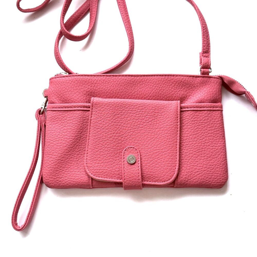 Coral Shoulder Bag Wristlet Strap Zip Front Pocket Silver Hardware for Women